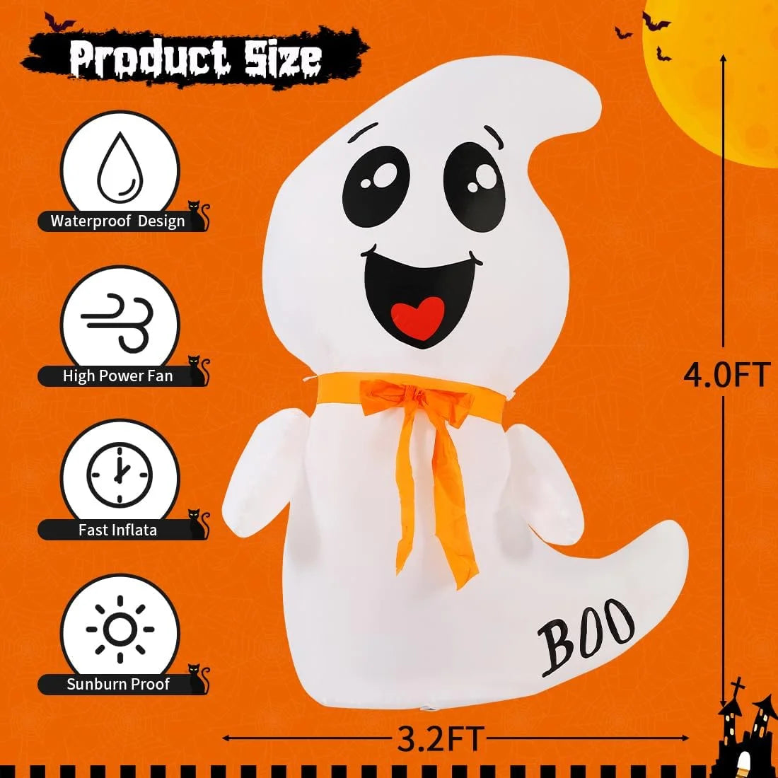 Make Your Halloween Spooktacular with Our 4 FT Inflatable Ghost – The Cute, Glow-in-the-Dark, Hauntingly Fun Decoration for Your Indoor and Outdoor Haunt!