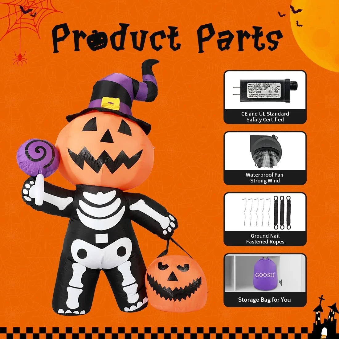 Halloween Inflatables 6 FT Halloween Pumpkin Inflatable with Skull Body, Scary Blow up Halloween Pumpkin Decoration with LED Lights, Outdoor Halloween Decorations Clearance for Holiday Party