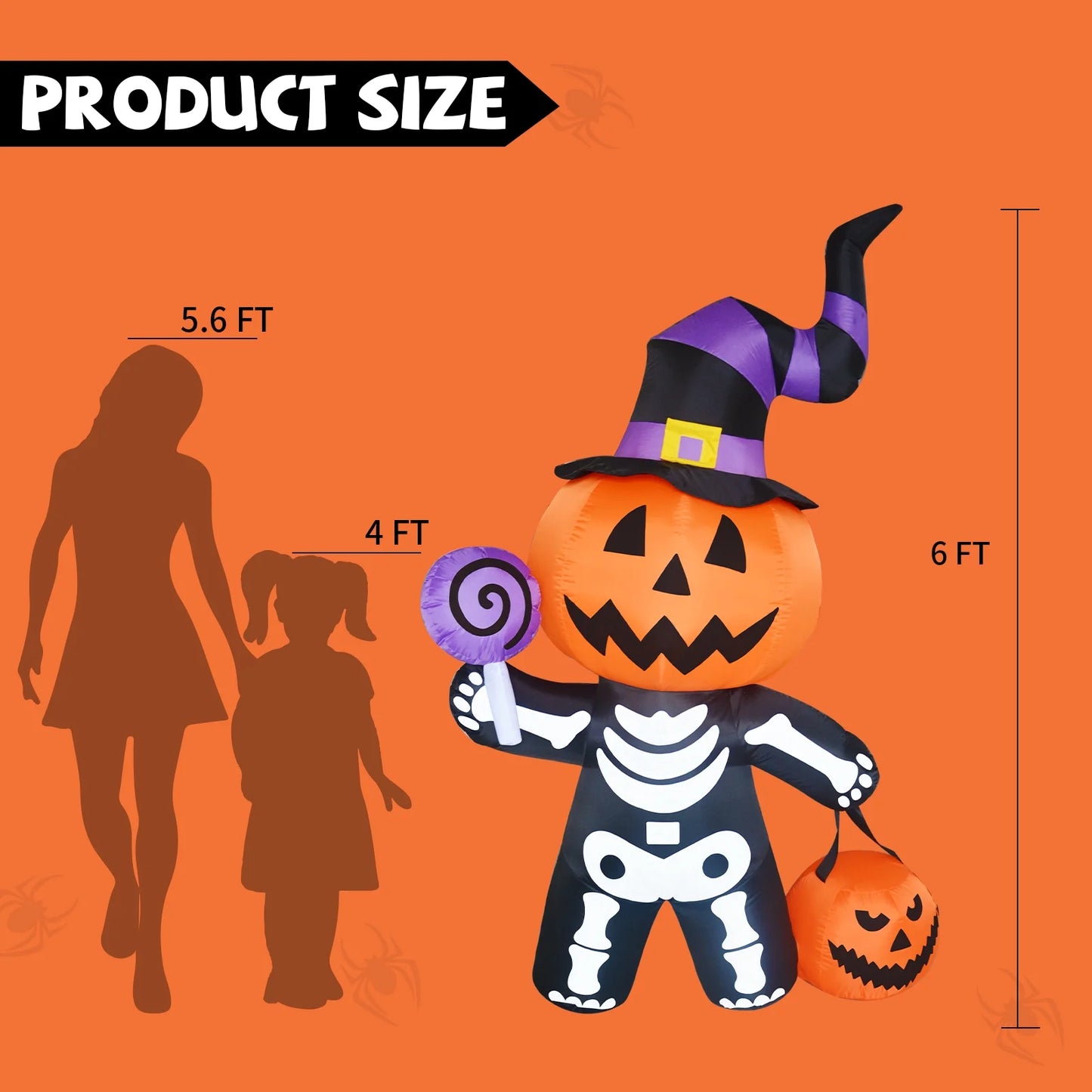 Halloween Inflatables 6 FT Halloween Pumpkin Inflatable with Skull Body, Scary Blow up Halloween Pumpkin Decoration with LED Lights, Outdoor Halloween Decorations Clearance for Holiday Party