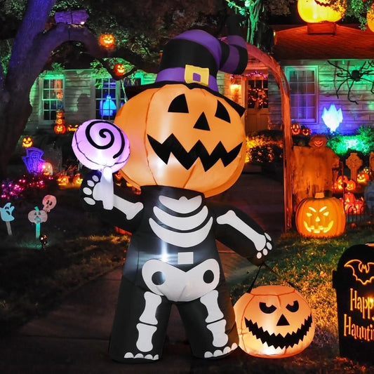 Halloween Inflatables 6 FT Halloween Pumpkin Inflatable with Skull Body, Scary Blow up Halloween Pumpkin Decoration with LED Lights, Outdoor Halloween Decorations Clearance for Holiday Party