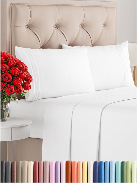 Luxurious Queen Size 4-Piece Cooling Sheet Set - Deep Pocket, Wrinkle-Free, Oeko-Tex Certified - Crisp White